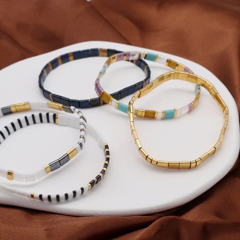 Various Custom Wholesale Handmade Colorful Boho Miyuki Jewelry Gift Elastic Flat Tile Miyuki Tila Beads Bracelet For Women Girls