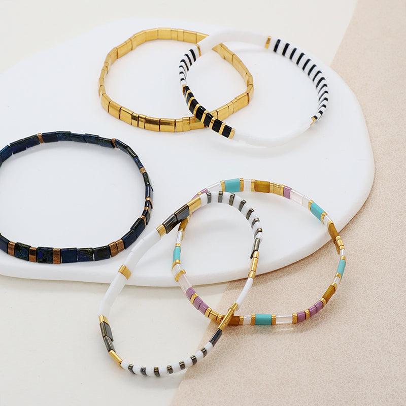 Various Custom Wholesale Handmade Colorful Boho Miyuki Jewelry Gift Elastic Flat Tile Miyuki Tila Beads Bracelet For Women Girls