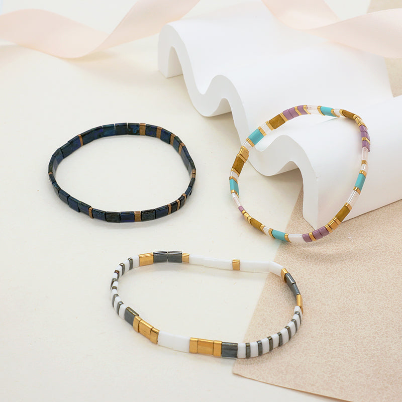 Various Custom Wholesale Handmade Colorful Boho Miyuki Jewelry Gift Elastic Flat Tile Miyuki Tila Beads Bracelet For Women Girls