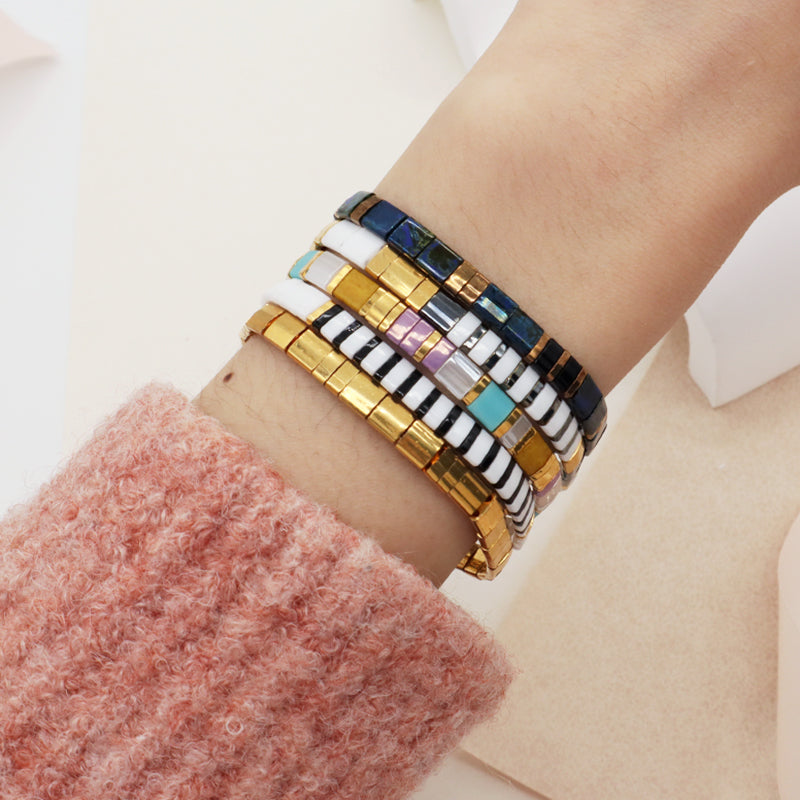 Various Custom Wholesale Handmade Colorful Boho Miyuki Jewelry Gift Elastic Flat Tile Miyuki Tila Beads Bracelet For Women Girls