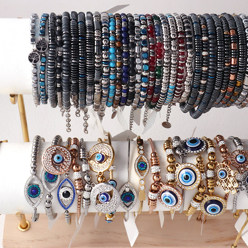 Custom Manufacture China Factory Fashionable Wholesale Jewelry Gift Bangle Adjustable Gold Plated Blue Beads Charm Stainless Steel Bracelet For Women Men