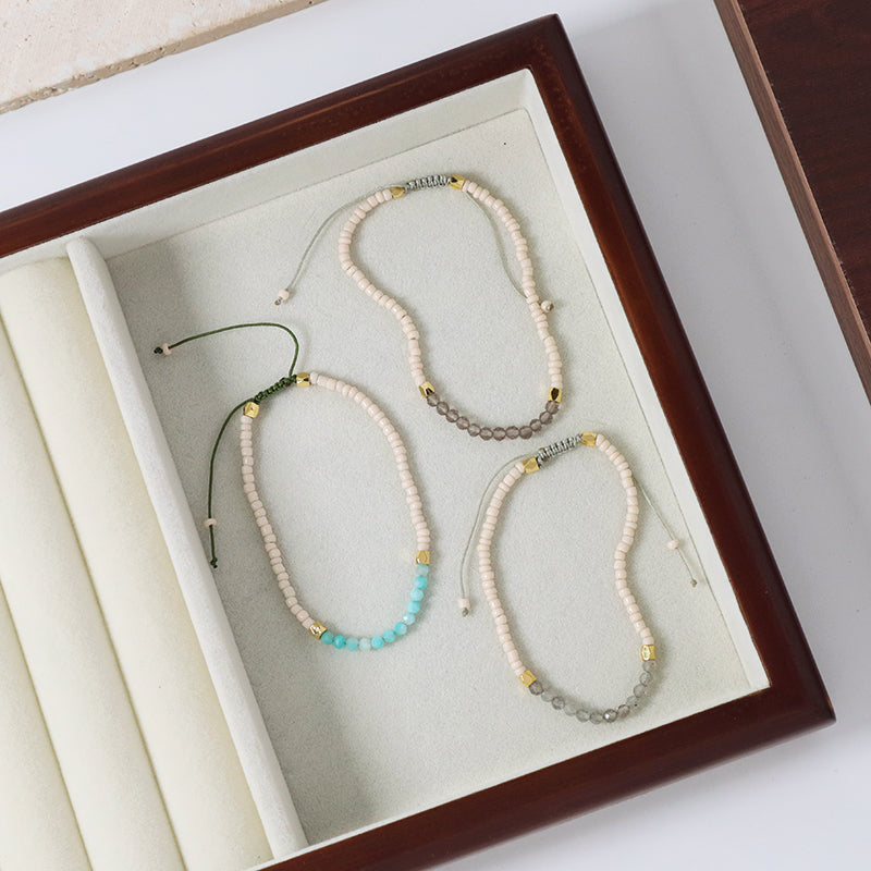 New Custom Women Handmade Adjustable Gold Plated Charm Natural Stone Seed Beads Woven Macrame Bracelet