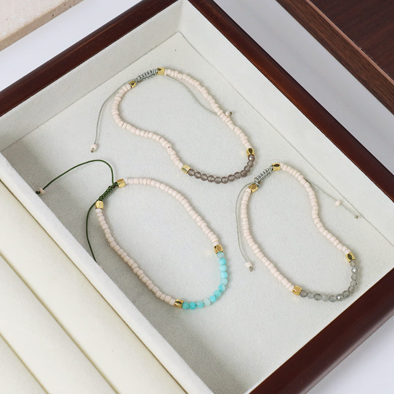 New Custom Women Handmade Adjustable Gold Plated Charm Natural Stone Seed Beads Woven Macrame Bracelet