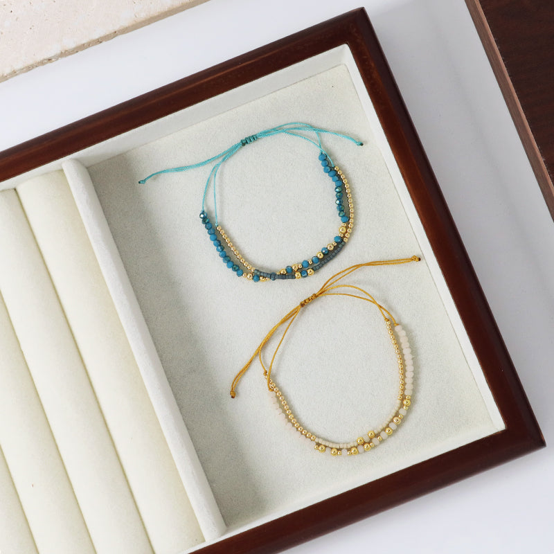 Wholesale Fashion Braided Jewelry Gift Double Layer Gold Plated Blue Glass Crystal Beaded Women Custom Woven Adjustable Handmade Macrame Cord Miyuki Bracelet