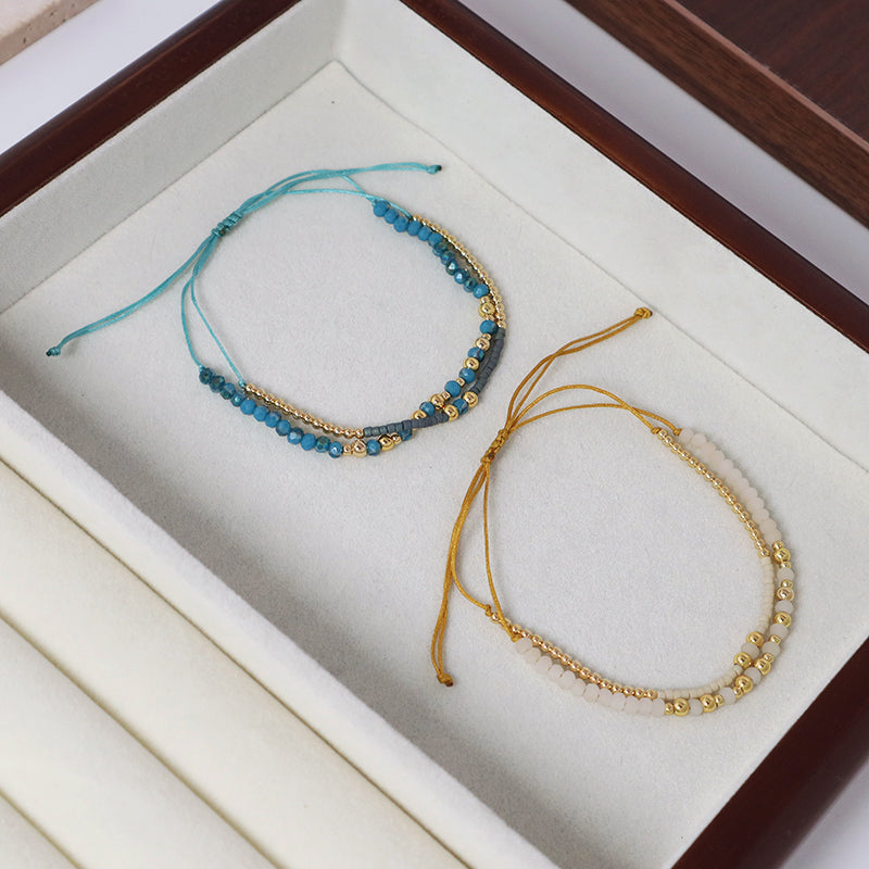 Wholesale Fashion Braided Jewelry Gift Double Layer Gold Plated Blue Glass Crystal Beaded Women Custom Woven Adjustable Handmade Macrame Cord Miyuki Bracelet