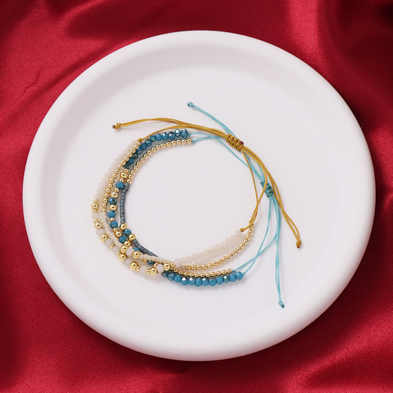 Wholesale Fashion Braided Jewelry Gift Double Layer Gold Plated Blue Glass Crystal Beaded Women Custom Woven Adjustable Handmade Macrame Cord Miyuki Bracelet