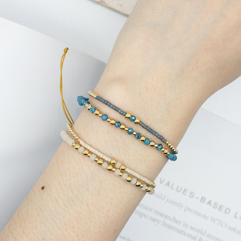 Wholesale Fashion Braided Jewelry Gift Double Layer Gold Plated Blue Glass Crystal Beaded Women Custom Woven Adjustable Handmade Macrame Cord Miyuki Bracelet