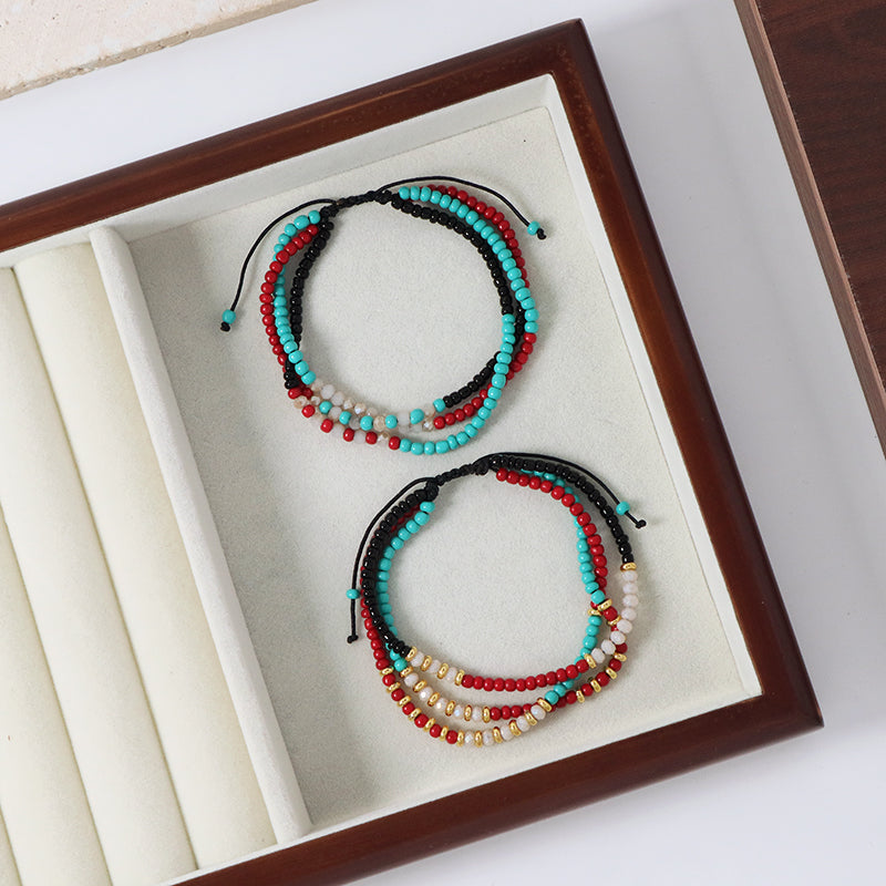 Custom Handmade Wholesale OEM Women Adjustable Braided Macrame Three Layer Colorful Glass Crystal Gold Plated Seed Beads Bracelet