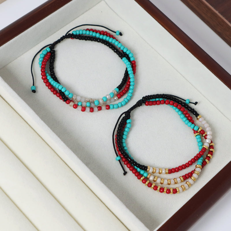 Custom Handmade Wholesale OEM Women Adjustable Braided Macrame Three Layer Colorful Glass Crystal Gold Plated Seed Beads Bracelet