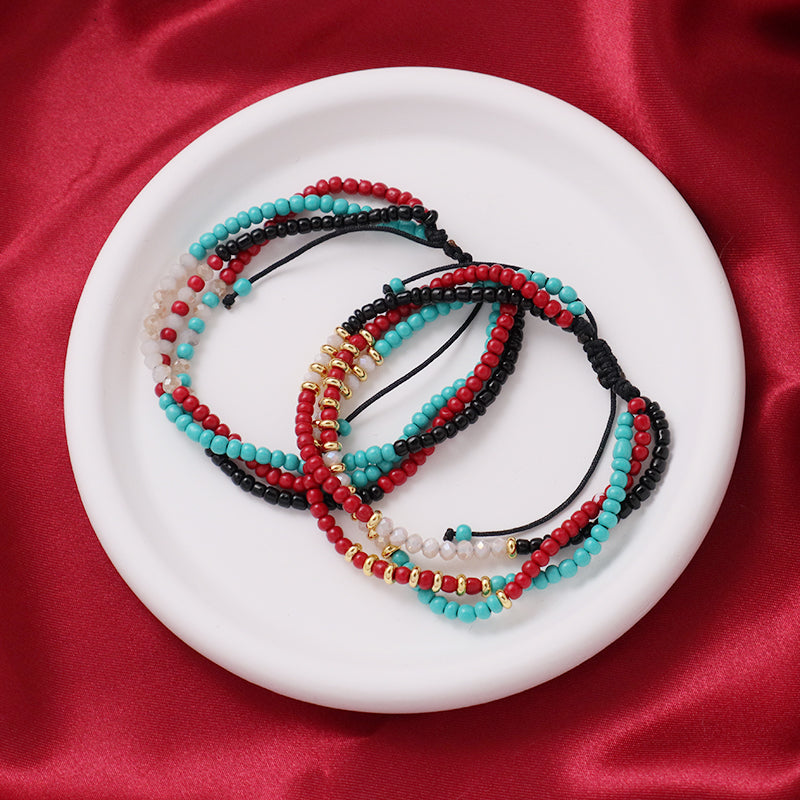 Custom Handmade Wholesale OEM Women Adjustable Braided Macrame Three Layer Colorful Glass Crystal Gold Plated Seed Beads Bracelet