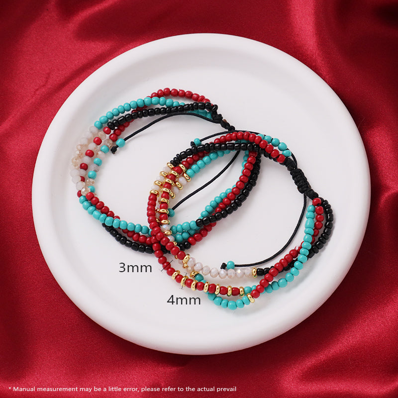 Custom Handmade Wholesale OEM Women Adjustable Braided Macrame Three Layer Colorful Glass Crystal Gold Plated Seed Beads Bracelet