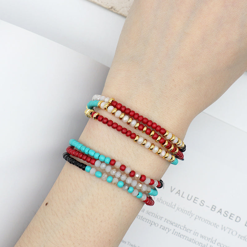 Custom Handmade Wholesale OEM Women Adjustable Braided Macrame Three Layer Colorful Glass Crystal Gold Plated Seed Beads Bracelet