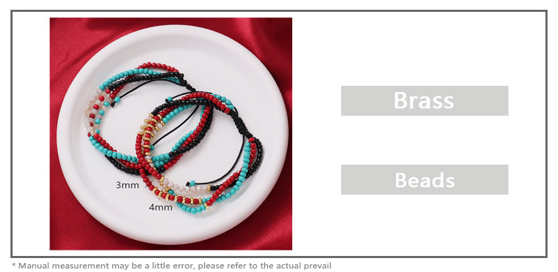 Custom Handmade Wholesale OEM Women Adjustable Braided Macrame Three Layer Colorful Glass Crystal Gold Plated Seed Beads Bracelet