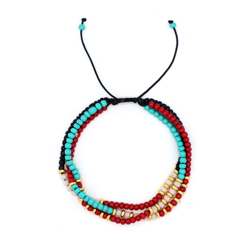 Custom Handmade Wholesale OEM Women Adjustable Braided Macrame Three Layer Colorful Glass Crystal Gold Plated Seed Beads Bracelet