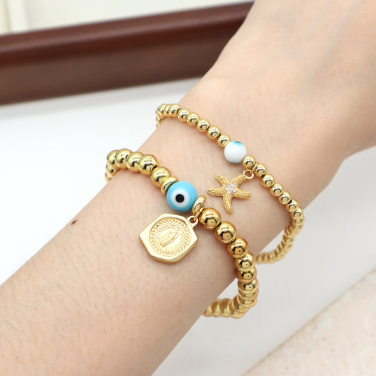 Custom Women Jewelry Wholesale Handmade Gift Elastic 4mm 6mm Gold Plated CZ Charm Starfish Turkish Evil Eyes Beaded Bracelet