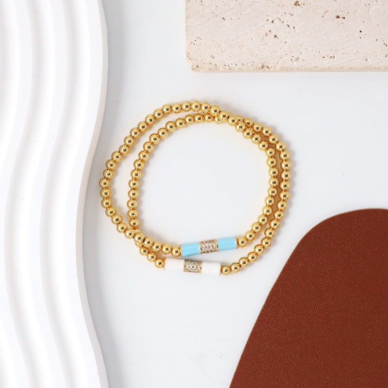 Handmade Custom Women Jewelry Wholesale Elastic 4mm Gold Plated CZ White Blue Enamel Connector Charm Beaded Bracelet For Gift