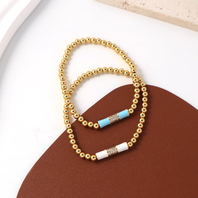 Handmade Custom Women Jewelry Wholesale Elastic 4mm Gold Plated CZ White Blue Enamel Connector Charm Beaded Bracelet For Gift