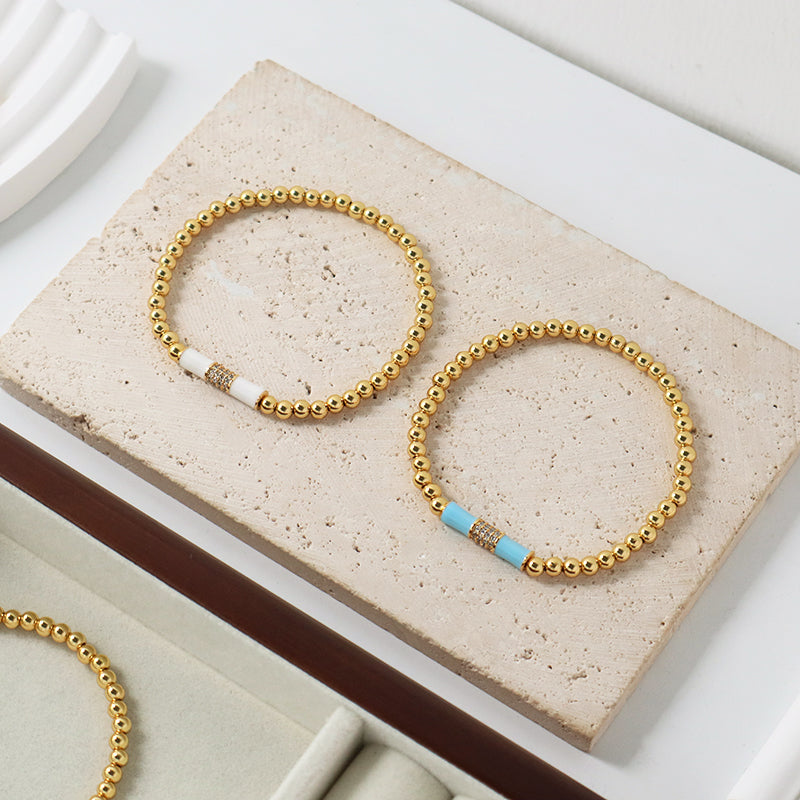 Handmade Custom Women Jewelry Wholesale Elastic 4mm Gold Plated CZ White Blue Enamel Connector Charm Beaded Bracelet For Gift