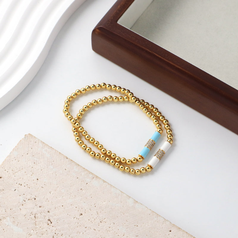 Handmade Custom Women Jewelry Wholesale Elastic 4mm Gold Plated CZ White Blue Enamel Connector Charm Beaded Bracelet For Gift