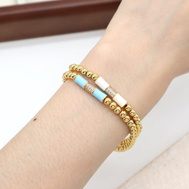 Handmade Custom Women Jewelry Wholesale Elastic 4mm Gold Plated CZ White Blue Enamel Connector Charm Beaded Bracelet For Gift