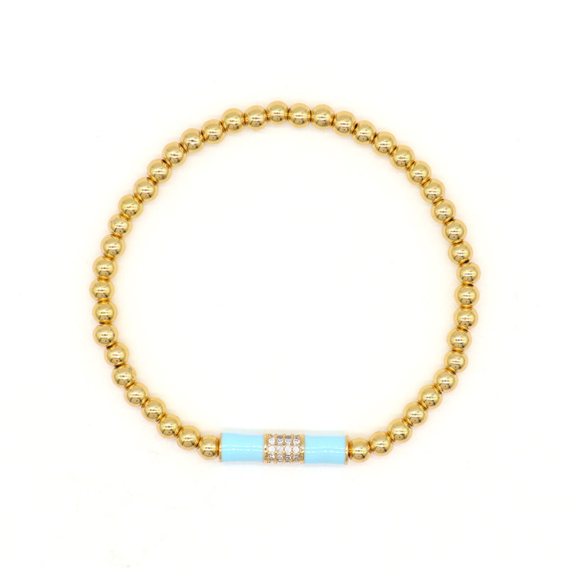 Handmade Custom Women Jewelry Wholesale Elastic 4mm Gold Plated CZ White Blue Enamel Connector Charm Beaded Bracelet For Gift