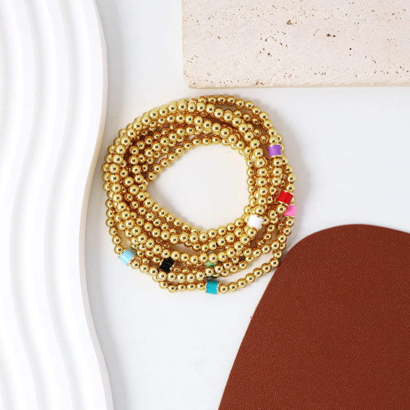 White Pink Red Blue Purple Black Custom Women Jewelry Handmade Elastic 4mm Gold Plated Enamel Connector Charm Beaded Bracelet
