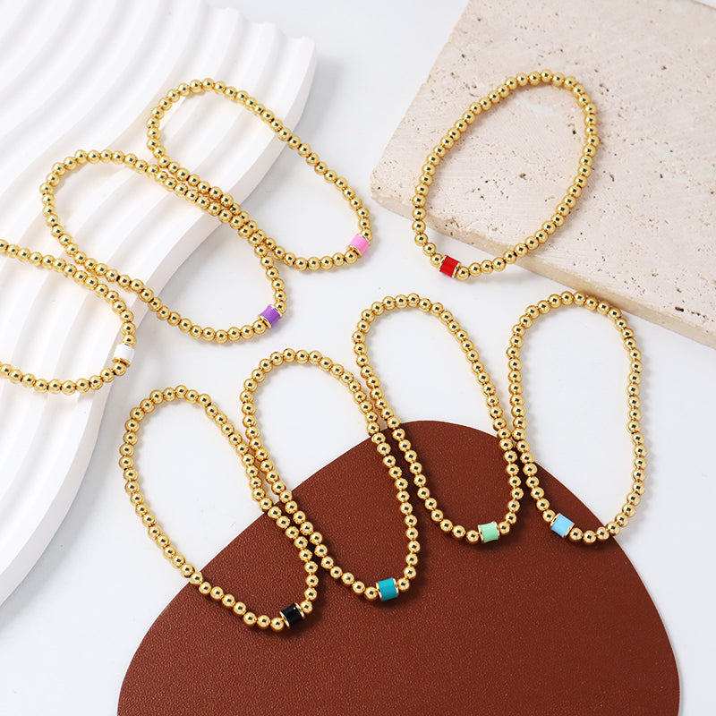 White Pink Red Blue Purple Black Custom Women Jewelry Handmade Elastic 4mm Gold Plated Enamel Connector Charm Beaded Bracelet