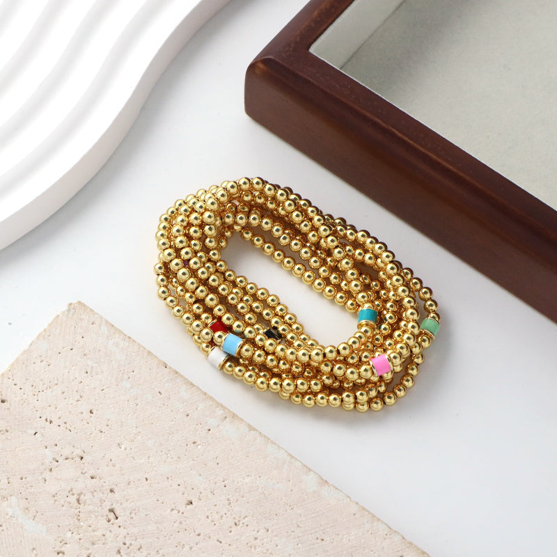 White Pink Red Blue Purple Black Custom Women Jewelry Handmade Elastic 4mm Gold Plated Enamel Connector Charm Beaded Bracelet