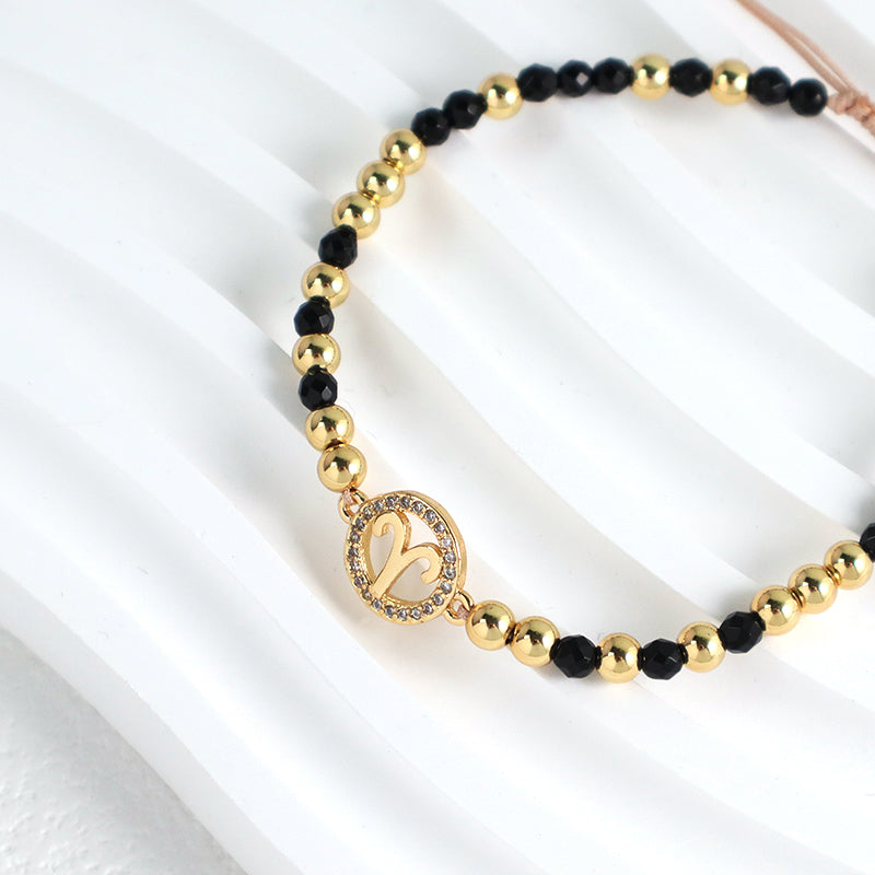 New Arrival Custom Women Handmade Adjustable Gold Plated CZ Constellations Charm Woven Macrame Black Natural Stone Beads Bracelet