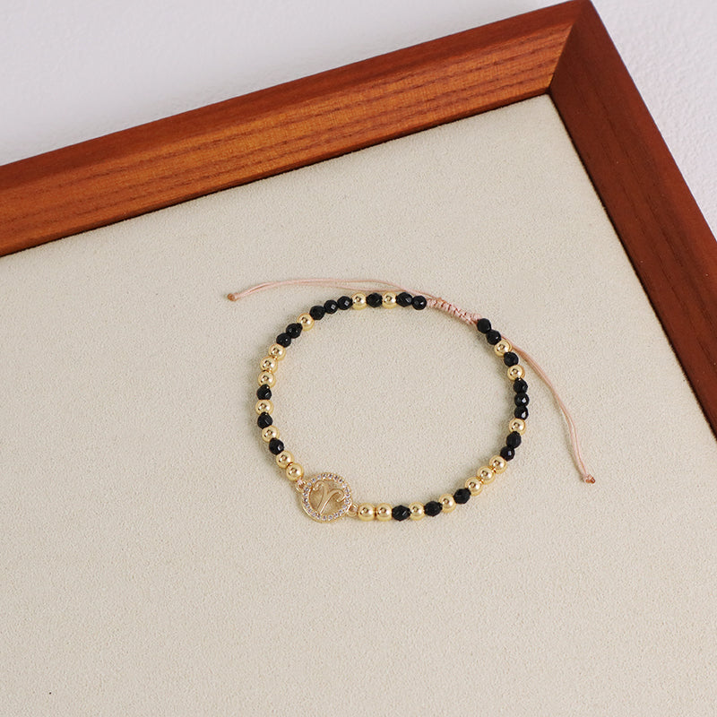 New Arrival Custom Women Handmade Adjustable Gold Plated CZ Constellations Charm Woven Macrame Black Natural Stone Beads Bracelet