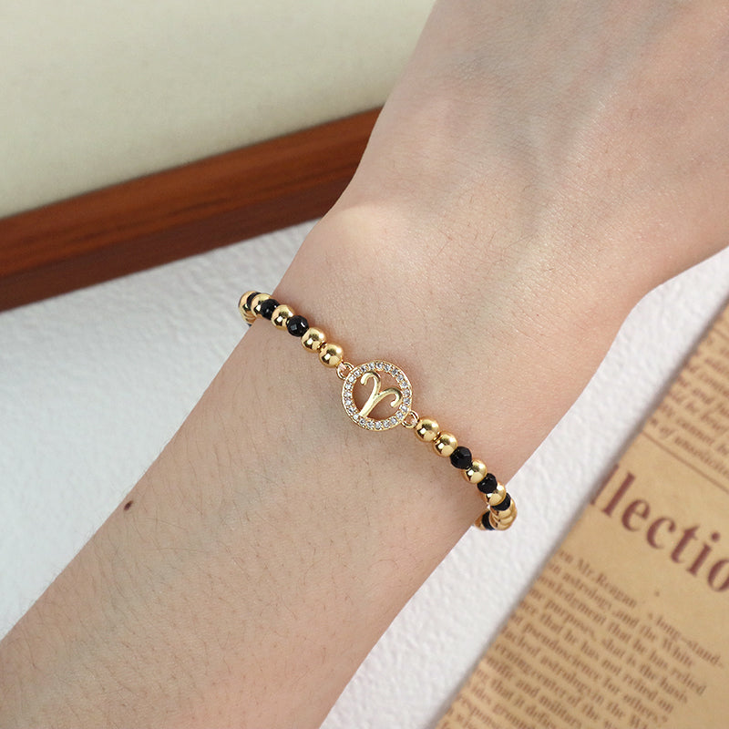 New Arrival Custom Women Handmade Adjustable Gold Plated CZ Constellations Charm Woven Macrame Black Natural Stone Beads Bracelet