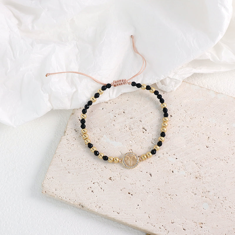 New Arrival Custom Women Handmade Adjustable Gold Plated CZ Constellations Charm Woven Macrame Black Natural Stone Beads Bracelet