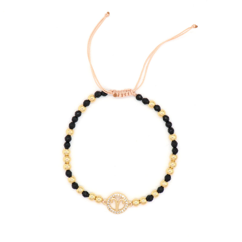 New Arrival Custom Women Handmade Adjustable Gold Plated CZ Constellations Charm Woven Macrame Black Natural Stone Beads Bracelet