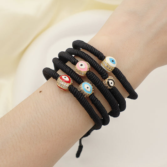 OEM Custom Handmade Wholesale Eye Charm Jewelry Black Rope Woven Braided Macrame Adjustable Gold Plated Enamel Evil Eyes Bracelet