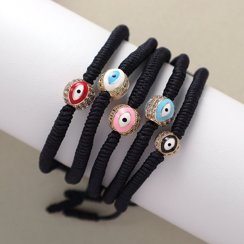 OEM Custom Handmade Wholesale Eye Charm Jewelry Black Rope Woven Braided Macrame Adjustable Gold Plated Enamel Evil Eyes Bracelet