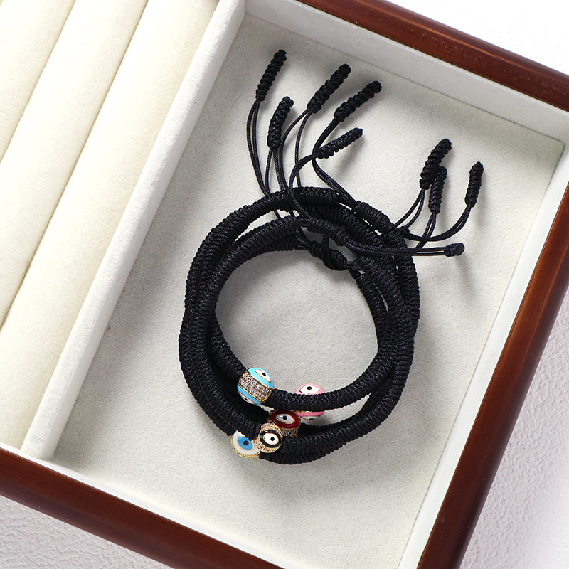 OEM Custom Handmade Wholesale Eye Charm Jewelry Black Rope Woven Braided Macrame Adjustable Gold Plated Enamel Evil Eyes Bracelet