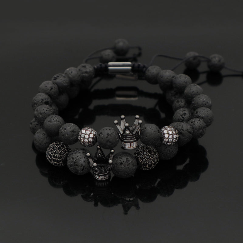 Wholesale Custom Yoga Adjustable Handmade Stainless Steel Closure CZ Crown Charm Macrame Knots 8mm10mm Natural Stone Bracelet