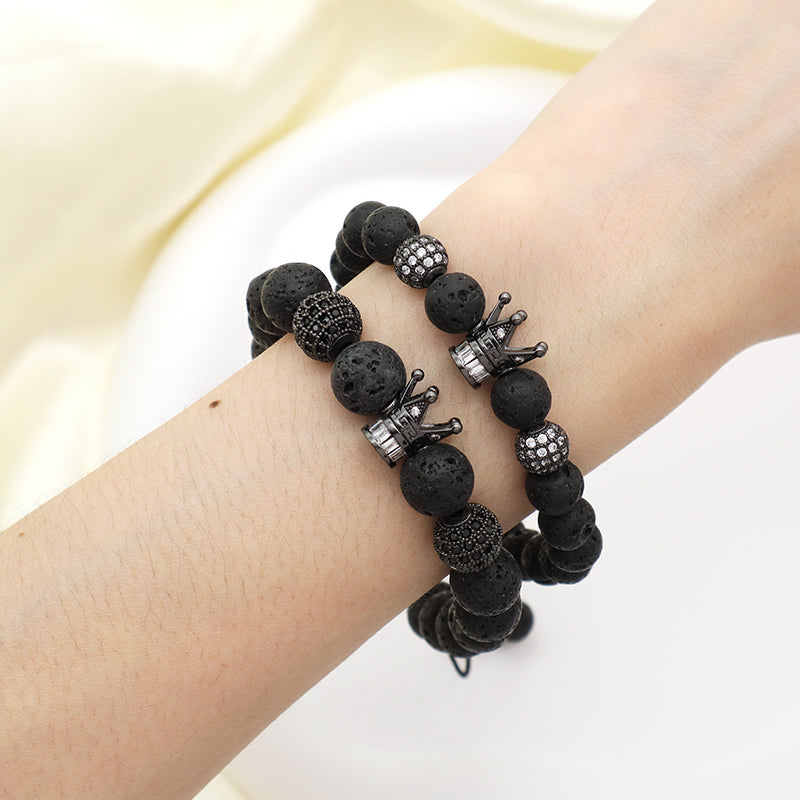 Wholesale Custom Yoga Adjustable Handmade Stainless Steel Closure CZ Crown Charm Macrame Knots 8mm10mm Natural Stone Bracelet