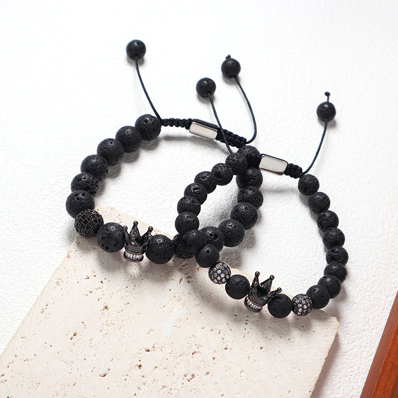 Wholesale Custom Yoga Adjustable Handmade Stainless Steel Closure CZ Crown Charm Macrame Knots 8mm10mm Natural Stone Bracelet