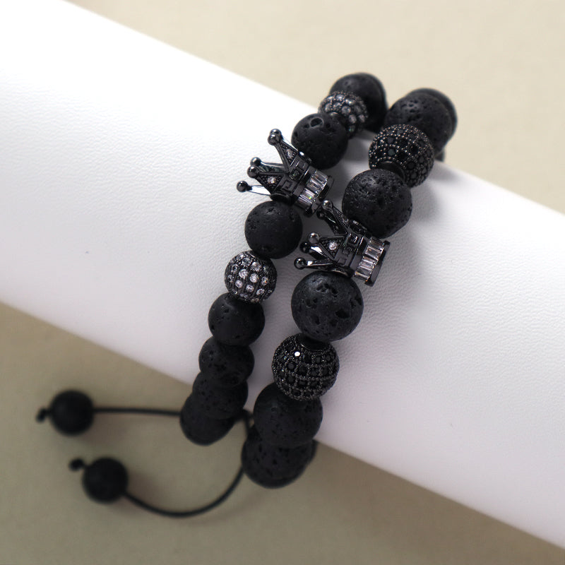 Wholesale Custom Yoga Adjustable Handmade Stainless Steel Closure CZ Crown Charm Macrame Knots 8mm10mm Natural Stone Bracelet