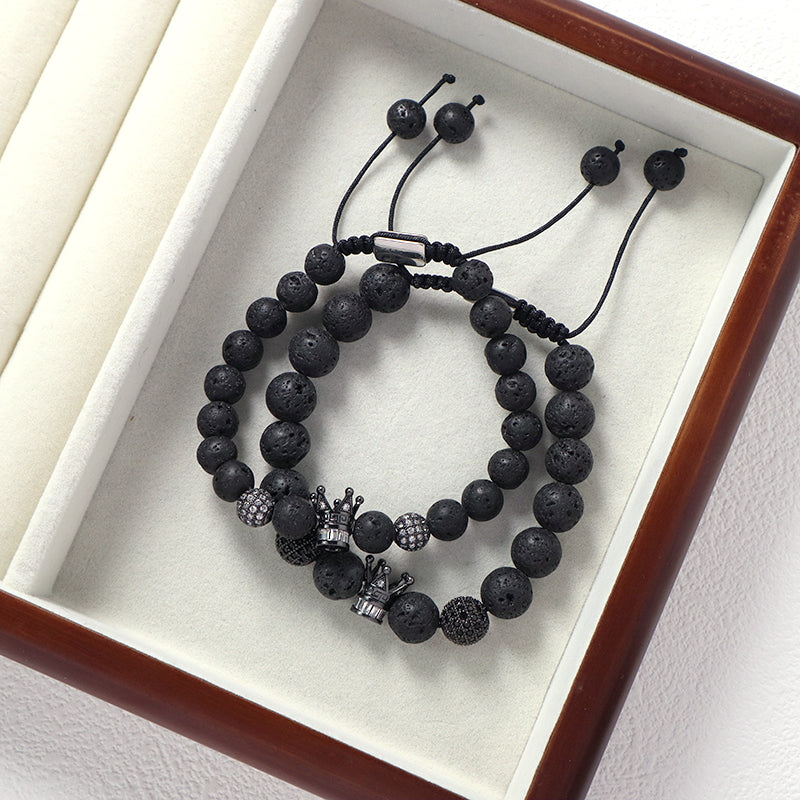 Wholesale Custom Yoga Adjustable Handmade Stainless Steel Closure CZ Crown Charm Macrame Knots 8mm10mm Natural Stone Bracelet