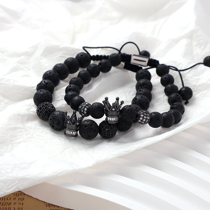Wholesale Custom Yoga Adjustable Handmade Stainless Steel Closure CZ Crown Charm Macrame Knots 8mm10mm Natural Stone Bracelet