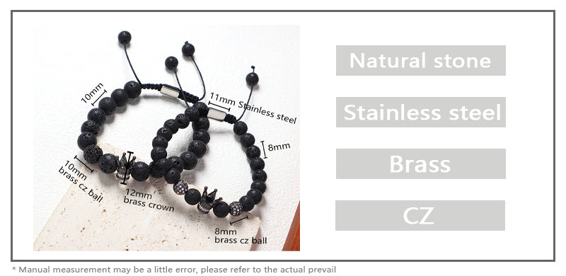 Wholesale Custom Yoga Adjustable Handmade Stainless Steel Closure CZ Crown Charm Macrame Knots 8mm10mm Natural Stone Bracelet