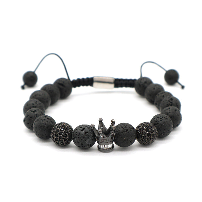 Wholesale Custom Yoga Adjustable Handmade Stainless Steel Closure CZ Crown Charm Macrame Knots 8mm10mm Natural Stone Bracelet