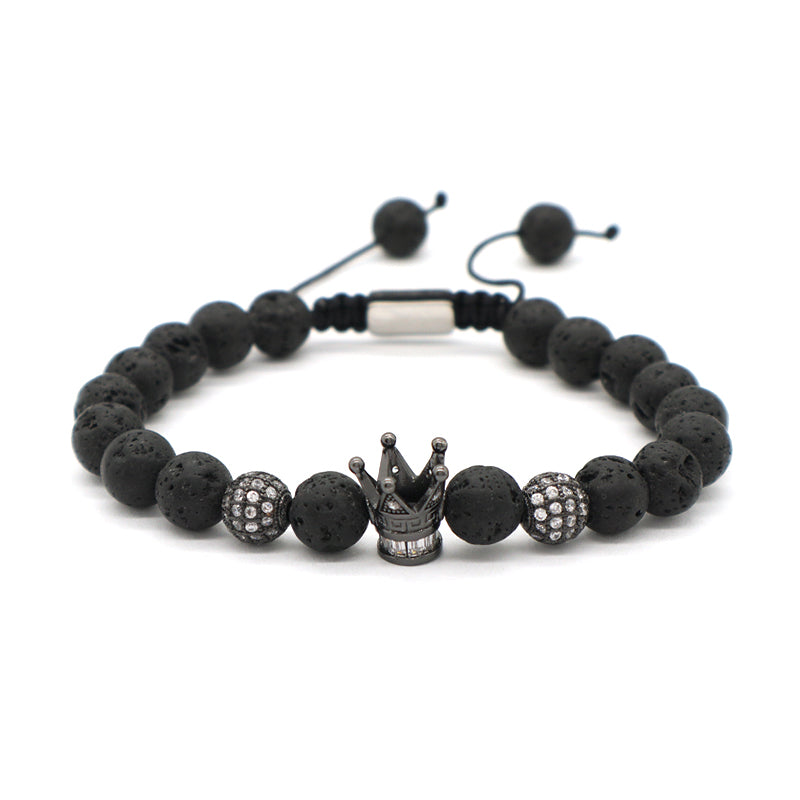 Wholesale Custom Yoga Adjustable Handmade Stainless Steel Closure CZ Crown Charm Macrame Knots 8mm10mm Natural Stone Bracelet