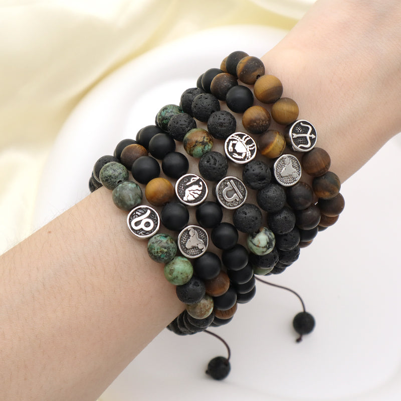 Custom Wholesale Women Men Yoga Adjustable Handmade 12 Constellations Stainless Steel Charm Macrame Knots Natural Stone Bracelet