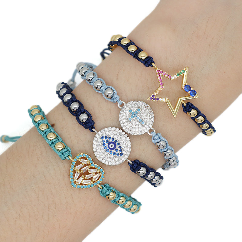 Friendship OEM Custom Gold Plated 4mm Beaded Women Jewelry Handmade Woven Braided Star Evil Eyes Cross Heart Charm Bracelets