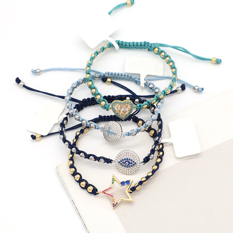 Friendship OEM Custom Gold Plated 4mm Beaded Women Jewelry Handmade Woven Braided Star Evil Eyes Cross Heart Charm Bracelets