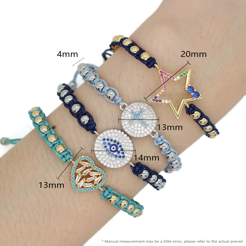 Friendship OEM Custom Gold Plated 4mm Beaded Women Jewelry Handmade Woven Braided Star Evil Eyes Cross Heart Charm Bracelets
