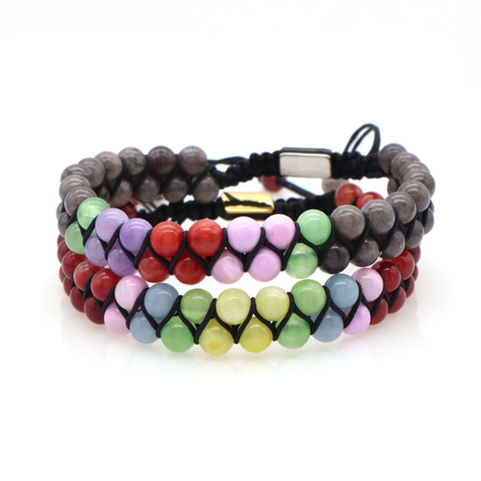 OEM Custom Double Layer Wholesale Handmade Stainless Steel Logo Woven Macrame 6mm Natural Stone Beads Bracelet For Mens Women